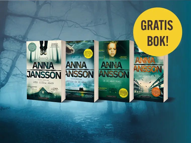 Fire bøker i serien om Maria Wern på blå bakgrunn og gul bombe med tekst gratis bok