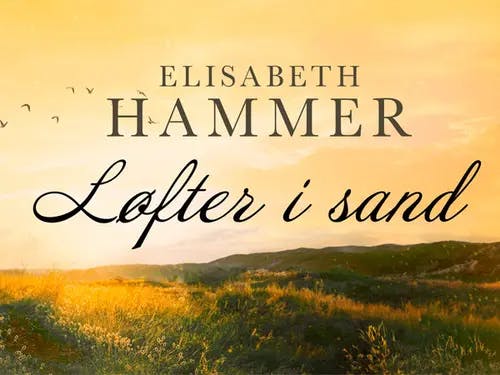 Landskapsbilde i gule nyanser med teksten Løfter i sand av Elisabeth Hammer