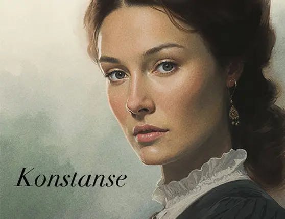 Portrett av Konstanse fra serien Rosehagen, mørkhåret ung dame med brune øyne. Illustrasjon